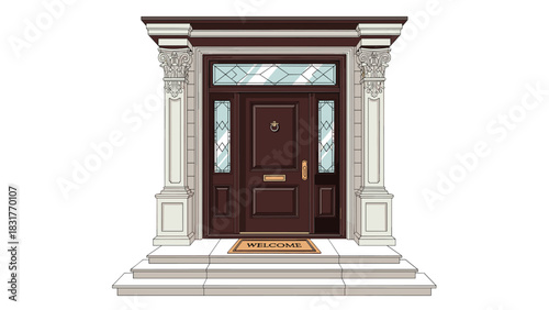 Elegant home entrance with welcome mat invites visitors to a beautiful brown door with ornate columns for welcoming curb appeal