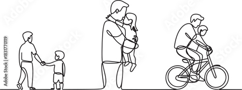 Continuous one-line drawing illustration of a father with his child