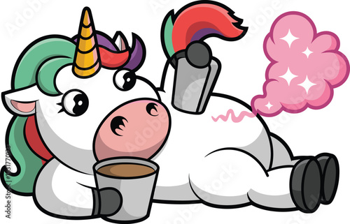 Funny cartoon unicorn relaxing with two coffee cups and magical rainbow fart humorous cute character perfect for playful designs and illustrations