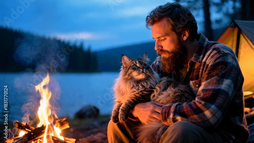Bearded Camper Sitting by Campfire Holding Fluffy Maine Coon Cat at Lakeside Sunset
