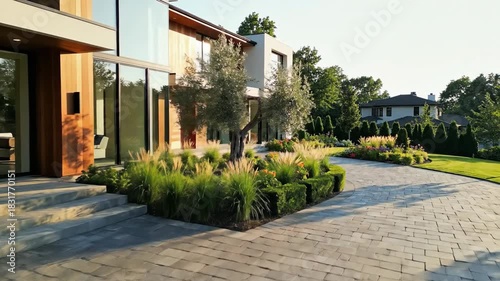 Modern residential architecture exterior with paved driveway and landscaping during golden hour sunlight