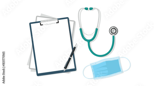 Essential healthcare tools for medical professionals including a stethoscope, face mask, clipboard, and pen ready for patient care