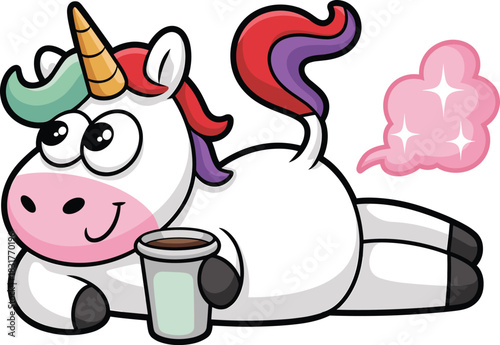 Funny cartoon unicorn relaxing with two coffee cups and magical rainbow fart humorous cute character perfect for playful designs and illustrations