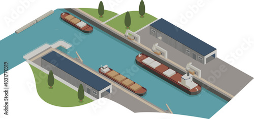 Isometric illustration of a river cargo port with barges warehouses docks loading ramps waterway transportation and industrial shipping environment