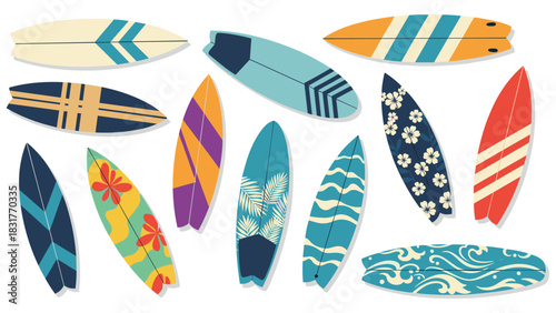 Vibrant surfboards collection ready for summer adventures and beach fun in the sun, perfect for a retro beach vibe with a splash of color