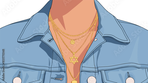 Stylish person wearing layered gold necklaces with pendants and a light blue denim jacket for a trendy, modern fashion statement