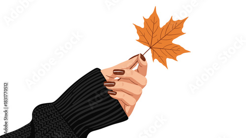 Stylish autumn vibe showing hand holding maple leaf and cozy sweater sleeve for fall season promotional content and seasonal designs