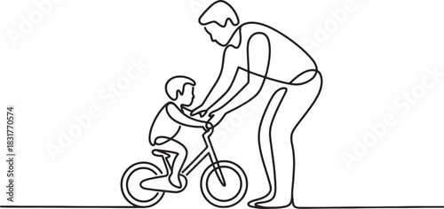Continuous one-line drawing of an adult teaching child to ride bike
