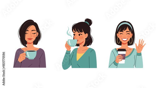 Cute flat vector sticker set of a woman drinking coffee in multiple poses, ideal for planners, lifestyle designs, and cozy daily routine collections