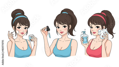 Flat vector sticker set of a woman applying skincare and beauty products in cute poses, perfect for wellness graphics and self-care collections