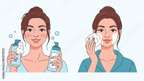 Flat vector sticker set of a woman applying skincare and beauty products in cute poses, perfect for wellness graphics and self-care collections