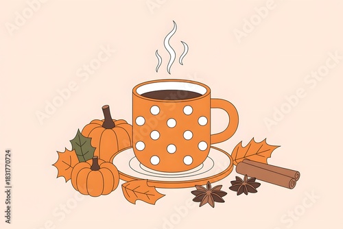 Autumnal cozy hot drink scene with pumpkins and fall spices.