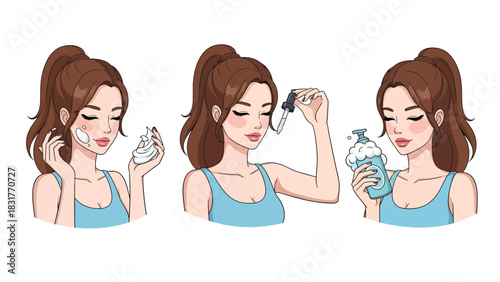 Flat vector sticker set of a woman applying skincare and beauty products in cute poses, perfect for wellness graphics and self-care collections