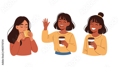 Cute flat vector sticker set of a woman drinking coffee in multiple poses, ideal for planners, lifestyle designs, and cozy daily routine collections