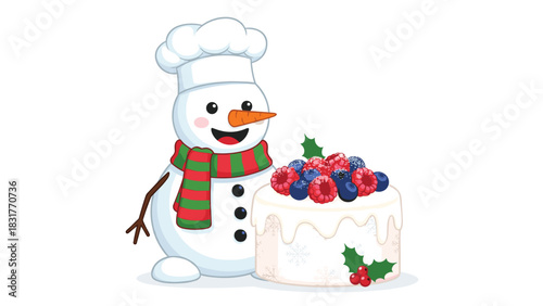 Whimsical snowman chef lovingly presents festive berry cake for holiday celebrations and joyful winter moments with delicious treats