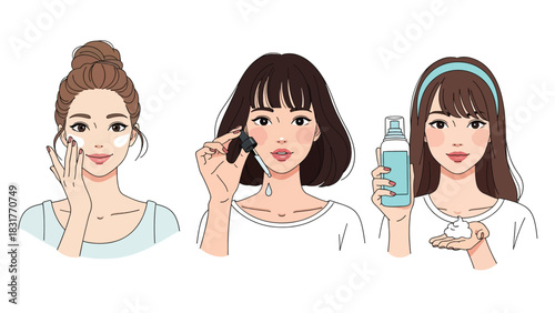 Flat vector sticker set of a woman applying skincare and beauty products in cute poses, perfect for wellness graphics and self-care collections