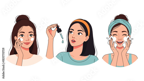 Flat vector sticker set of a woman applying skincare and beauty products in cute poses, perfect for wellness graphics and self-care collections
