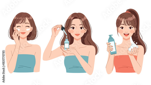 Flat vector sticker set of a woman applying skincare and beauty products in cute poses, perfect for wellness graphics and self-care collections