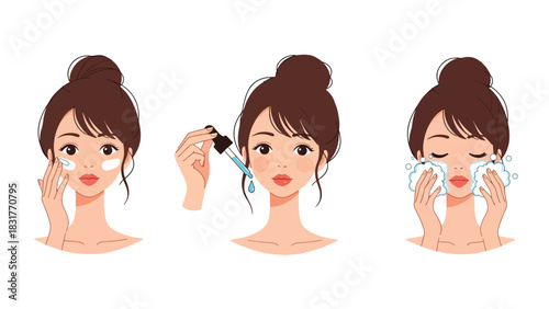 Flat vector sticker set of a woman applying skincare and beauty products in cute poses, perfect for wellness graphics and self-care collections