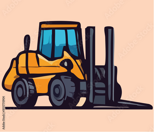 Flat Yellow Excavator, bulldozer, folklift facing right with tosca and cream background