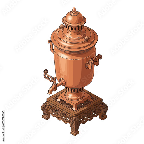 Traditional copper samovar with intricate carvings in an antique style