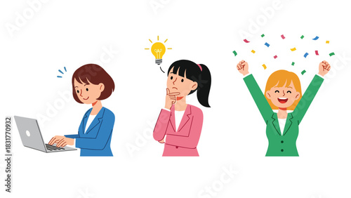 Cute flat vector sticker collection of a woman using her laptop while typing, thinking, and celebrating progress, great for productivity and work-from-home themes