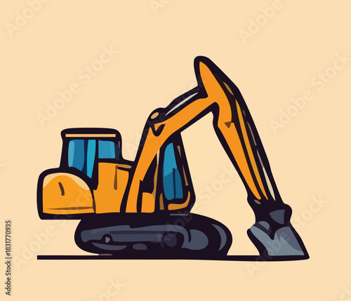 Flat Yellow Excavator, bulldozer, folklift facing right with tosca and cream background