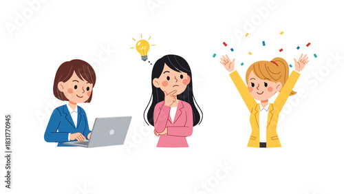 Cute flat vector sticker collection of a woman using her laptop while typing, thinking, and celebrating progress, great for productivity and work-from-home themes
