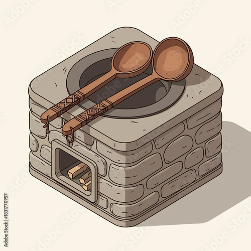 Isometric illustration of a traditional oven with wooden spoons atop it