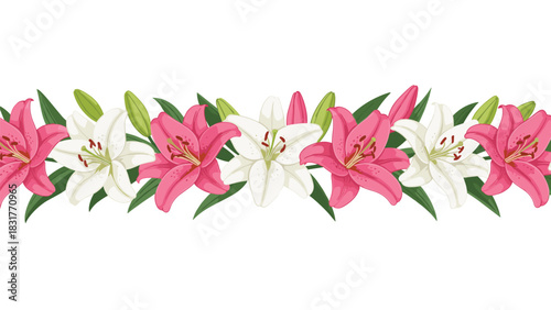 Elegant border of pink and white lilies with green leaves for stunning floral designs or invitations, perfect for spring or summer themes