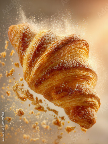 Fluffy golden croissant with powdered sugar dusting and crispy crumbs bursting in warm soft light background for bakery concept
