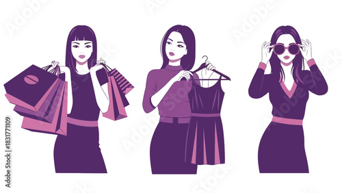 Flat vector sticker set of a woman shopping with bags and outfits, perfect for fashion diary designs and lifestyle planning collections