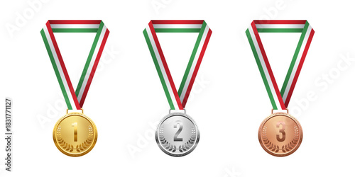 Gold, silver, and bronze medals. Realistic 3D award medals with ribbons, symbolizing first, second, and third place in sports, competitions, and athletic events. Vector illustration