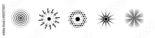 Wave pattern sound icon set with concentric circles and radial lines. Abstract circular symbols representing pulse signal vibration or radar effect. Modern geometric medical vector illustration