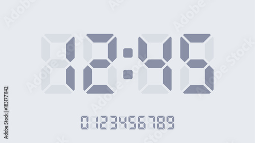 Digital clock display with full numeric set. Led countdown numbers in grayscale. Clean modern lcd time template on soft grey background. Realistic minimal vector illustration