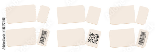 Blank perforated paper tickets. Collection of vintage-style admission ticket templates with torn edges, barcodes. Event or cinema entry pass design. Realistic vector illustration