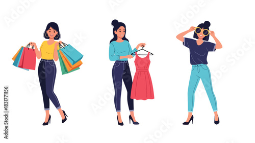 Flat vector sticker set of a woman shopping with bags and outfits, perfect for fashion diary designs and lifestyle planning collections