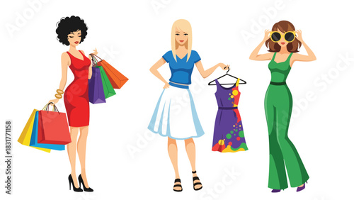 Flat vector sticker set of a woman shopping with bags and outfits, perfect for fashion diary designs and lifestyle planning collections