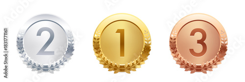 Gold, silver, bronze circle medals. Metal coins. First, second, third place award frames isolated on white background. Winners trophy. Shiny badge, label. Realistic vector illustration.