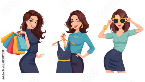 Flat vector sticker set of a woman shopping with bags and outfits, perfect for fashion diary designs and lifestyle planning collections
