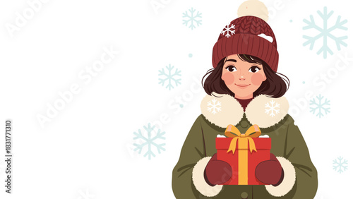 Adorable girl in winter coat holding a bright gift box perfect for joyful holiday marketing and heartwarming seasonal promotions