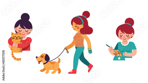Cute sticker collection of a woman cuddling cats and walking dogs, ideal for pet lovers, lifestyle planners, and cute flat vector themes