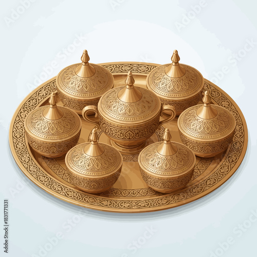 Ornate Serving Set with Intricate Detailing on a Decorative Tray