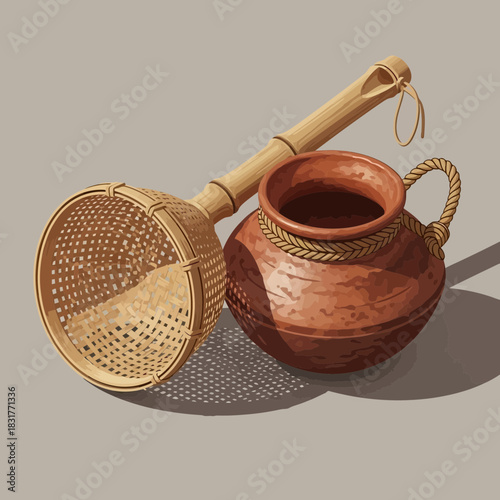Still life illustration of rustic kitchen tools, pottery and woven basket