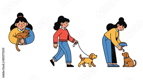 Cute sticker collection of a woman cuddling cats and walking dogs, ideal for pet lovers, lifestyle planners, and cute flat vector themes
