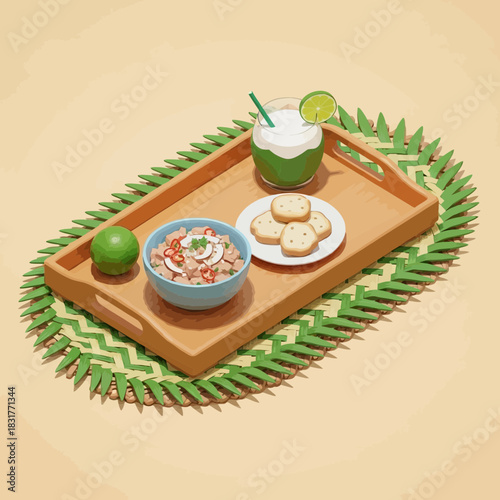 Refreshing tropical lunch on a wooden tray illustration with natural vibes