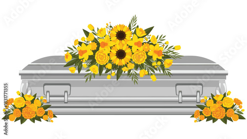 Elegant silver casket adorned with vibrant yellow floral arrangements for remembrance and memorial services, conveying peace and sympathy