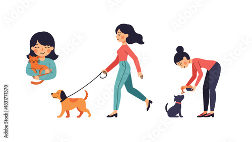 Cute sticker collection of a woman cuddling cats and walking dogs, ideal for pet lovers, lifestyle planners, and cute flat vector themes