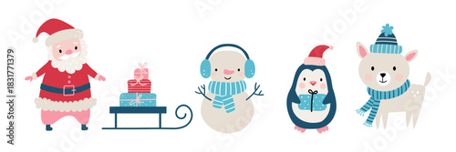 Cute Christmas illustration with Santa, snowman, penguin with gift, little deer in winter clothes and a sleigh with presents. Festive holiday characters for cards, kids projects and winter decor