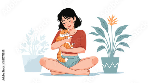 Cute sticker collection of a woman cuddling cats and walking dogs, ideal for pet lovers, lifestyle planners, and cute flat vector themes